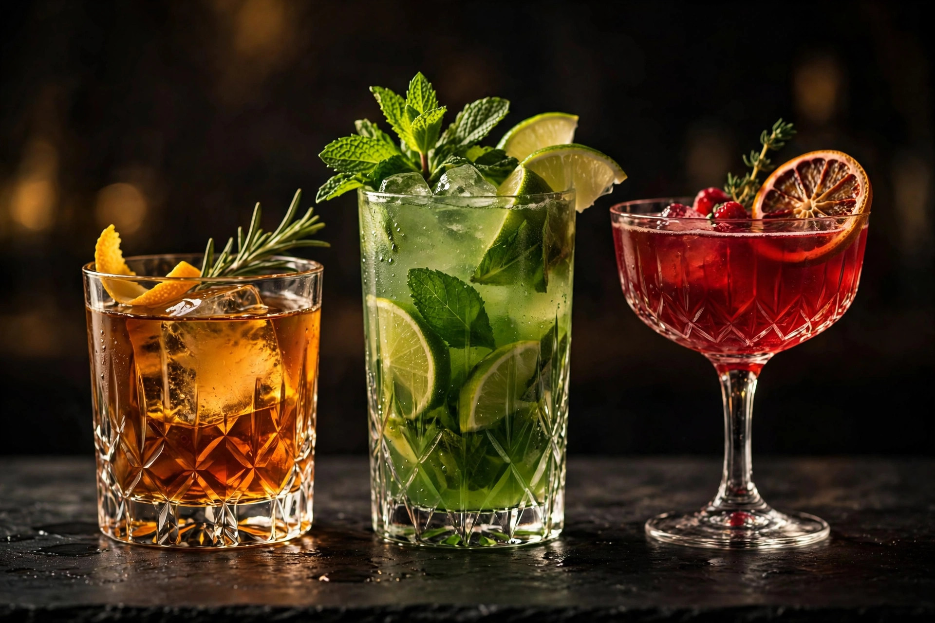 Lineup of colorful craft cocktails
