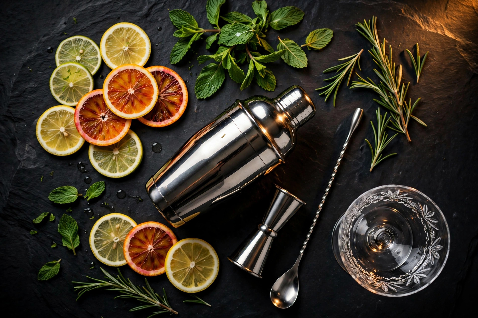 Cocktail ingredients and bar tools flat lay