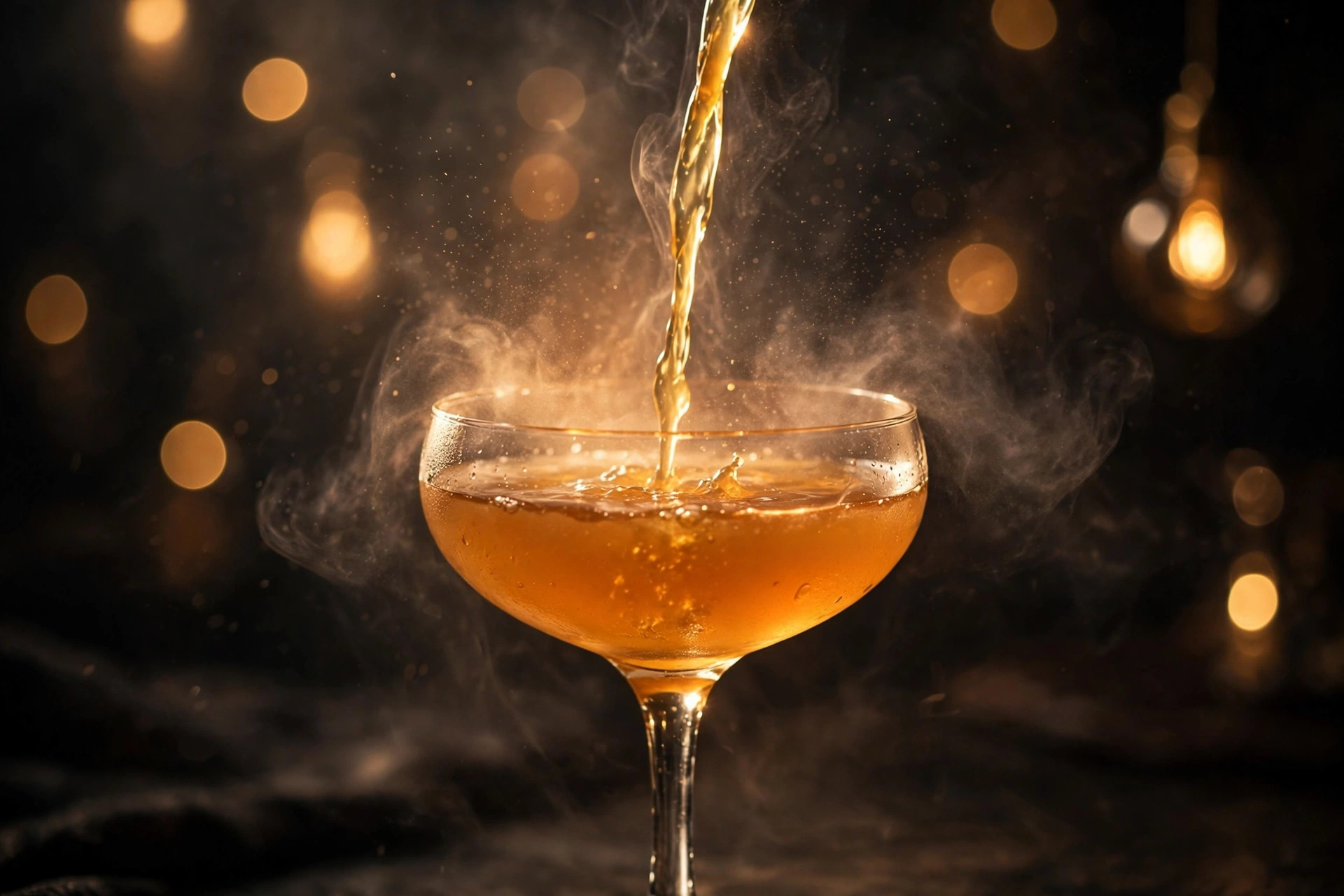 Craft cocktail being poured in moody bar light